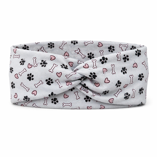 Paw Prints and Bones on Light Blue Gray Twist Headband