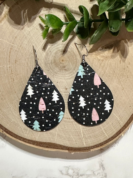 Pastel Trees on Black Teardrop Earrings