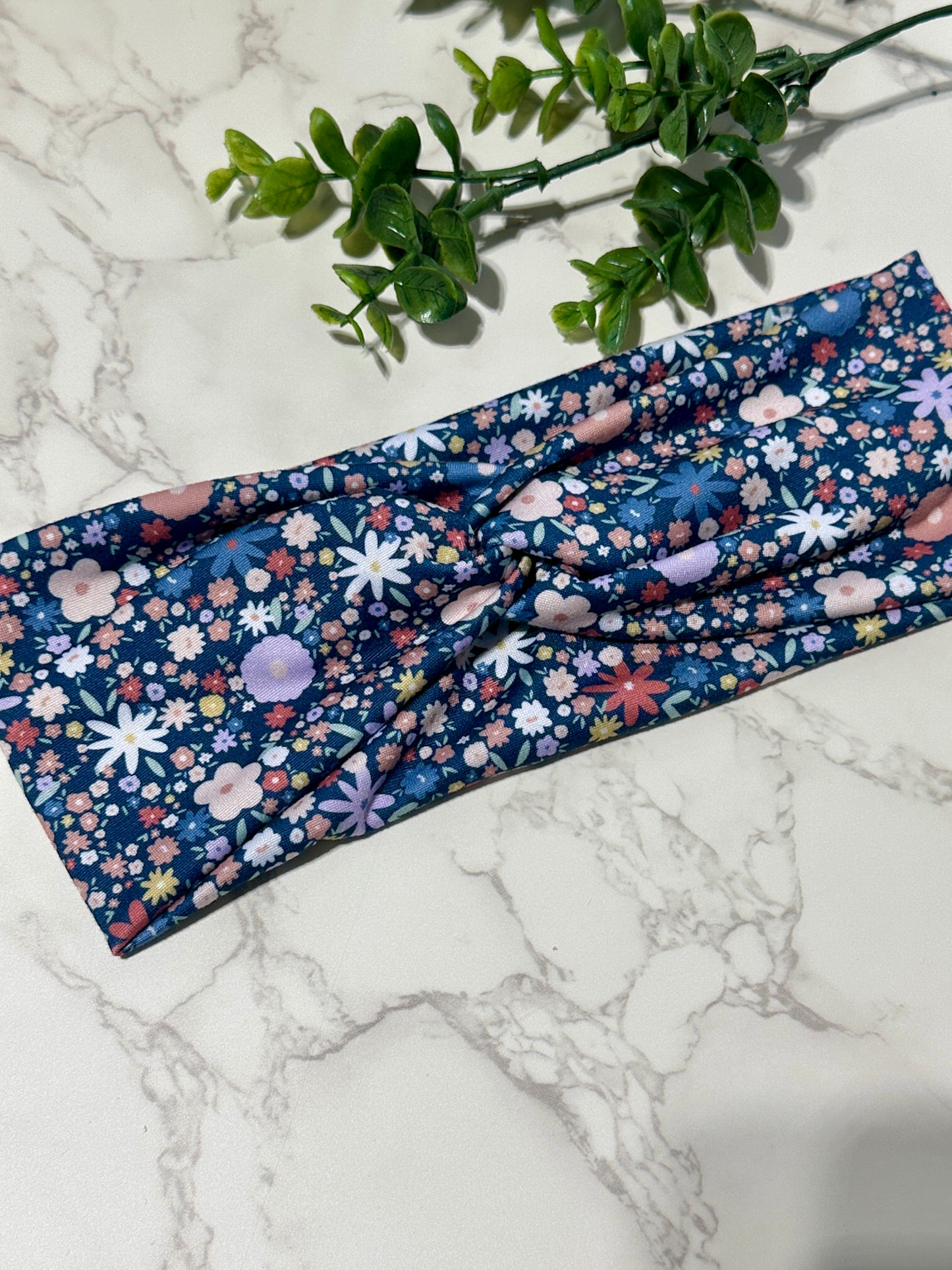 Flowers on Navy Twist Headband