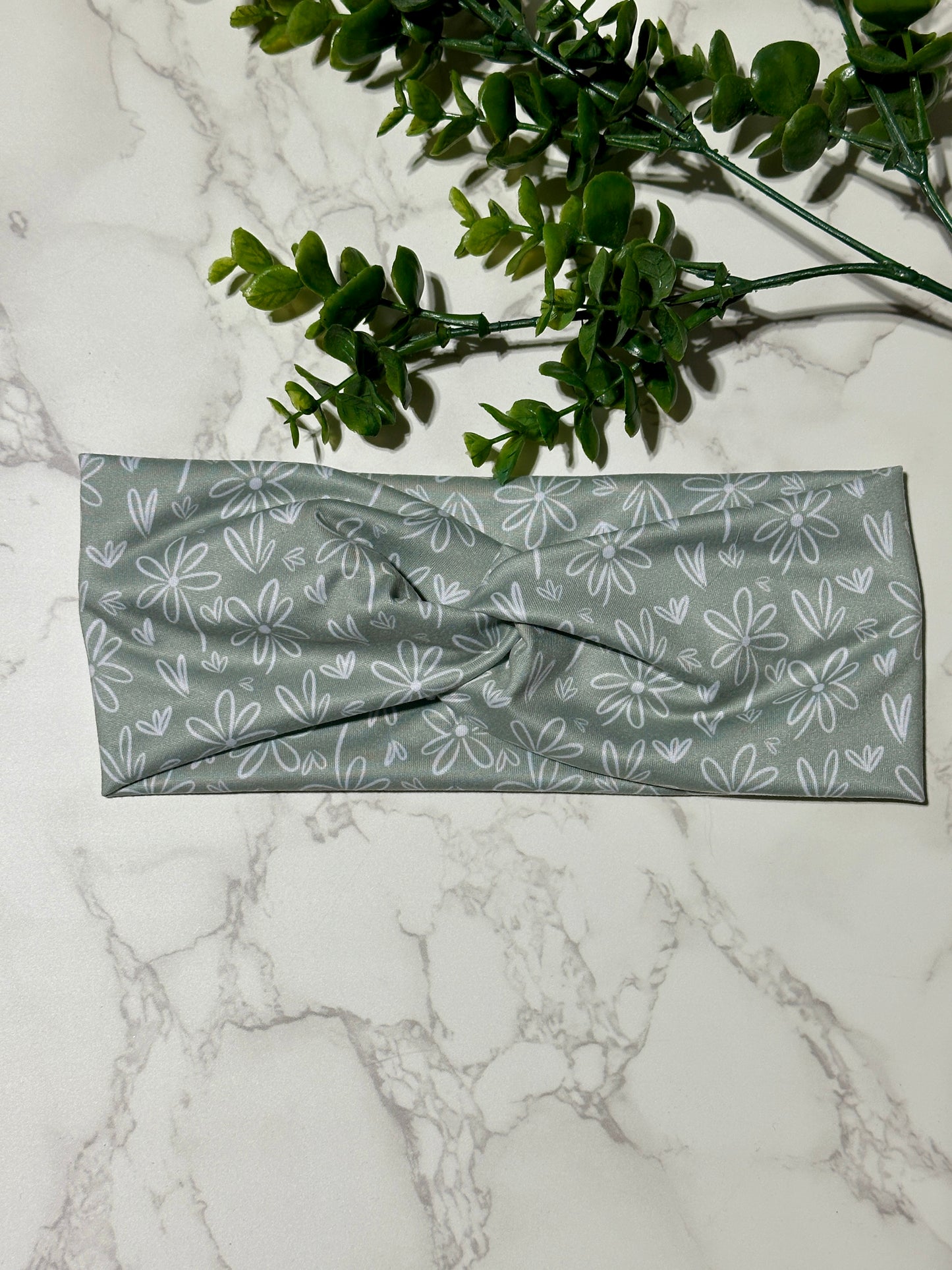White Doodle Flowers on Sage Twist Headband