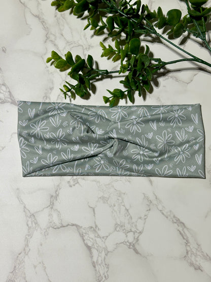 White Doodle Flowers on Sage Twist Headband