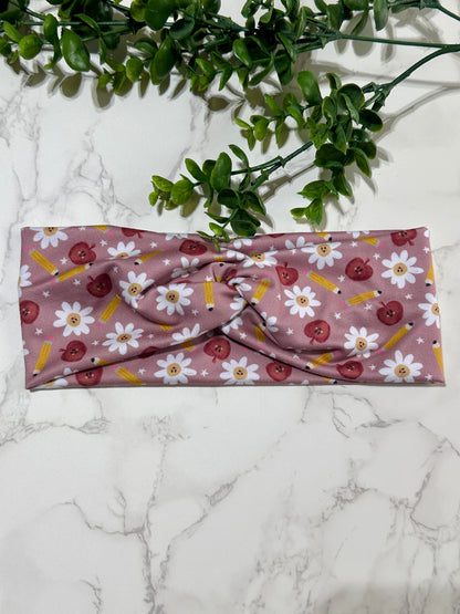 Back to School Twist Headband - Apples, Pencils, and Daisies