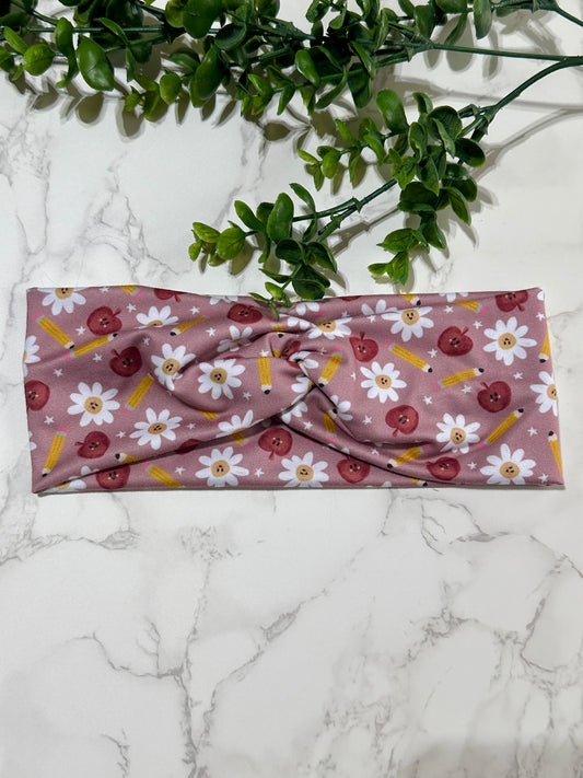 Back to School Twist Headband - Apples, Pencils, and Daisies