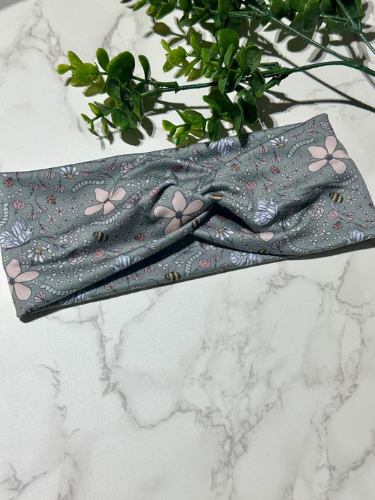 Bees and Flowers on Sage Twist Headband