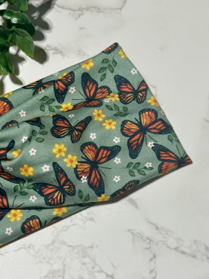 Monarch Butterflies on Green Twist Headband