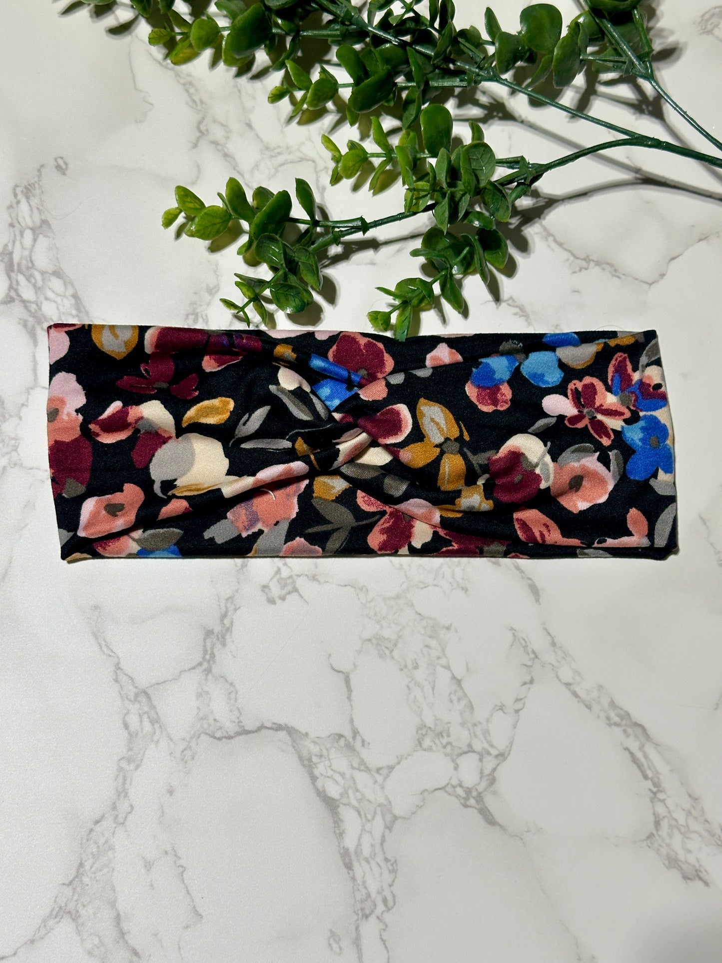 Dark Flowers on Black Twist Headband