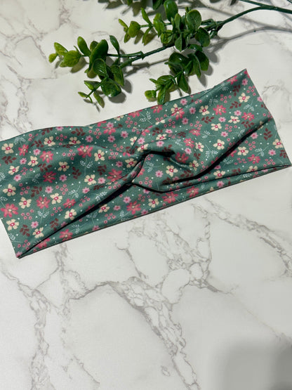 Flowers on Meadow Green Twist Headband