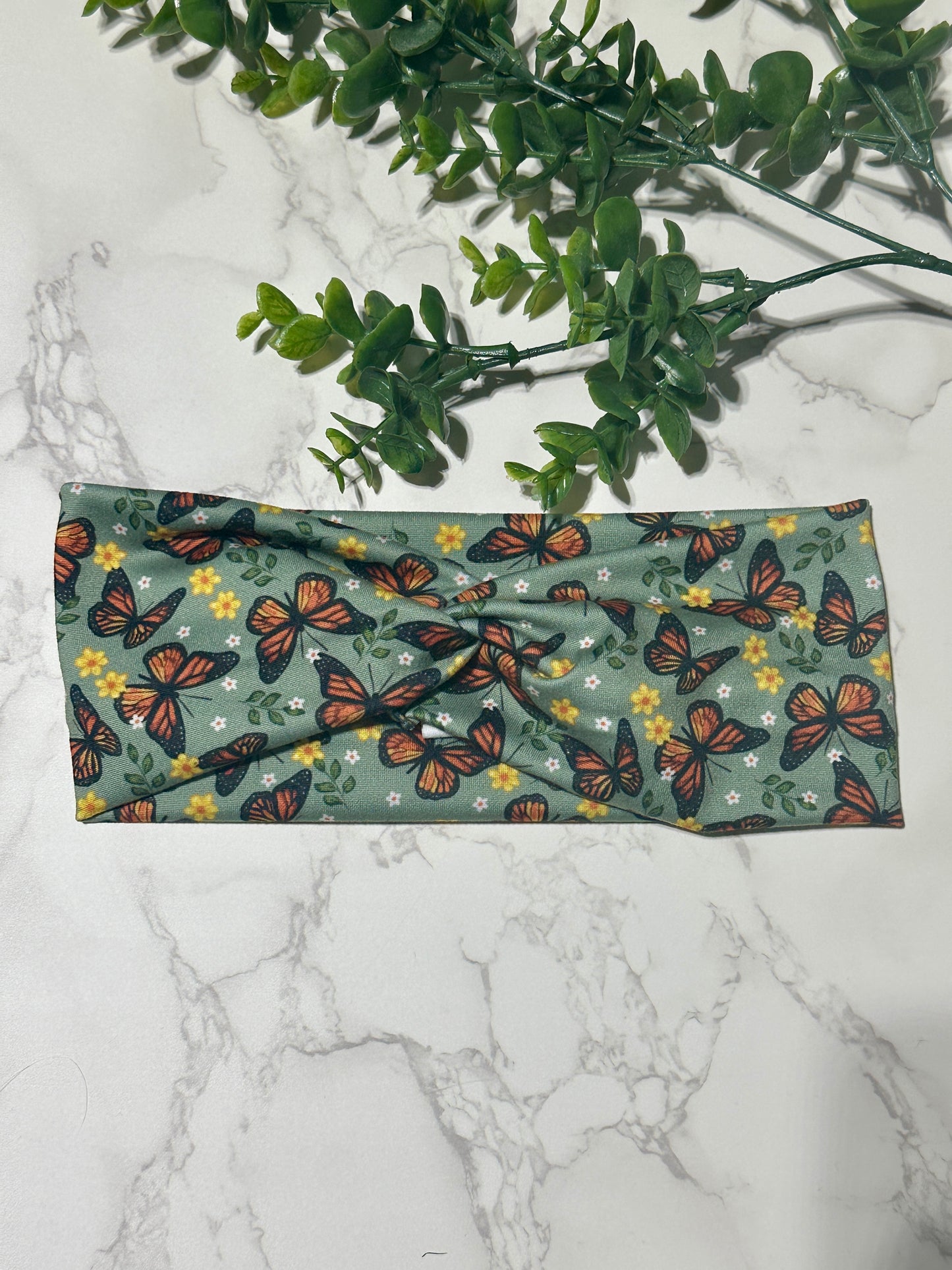 Monarch Butterflies on Green Twist Headband
