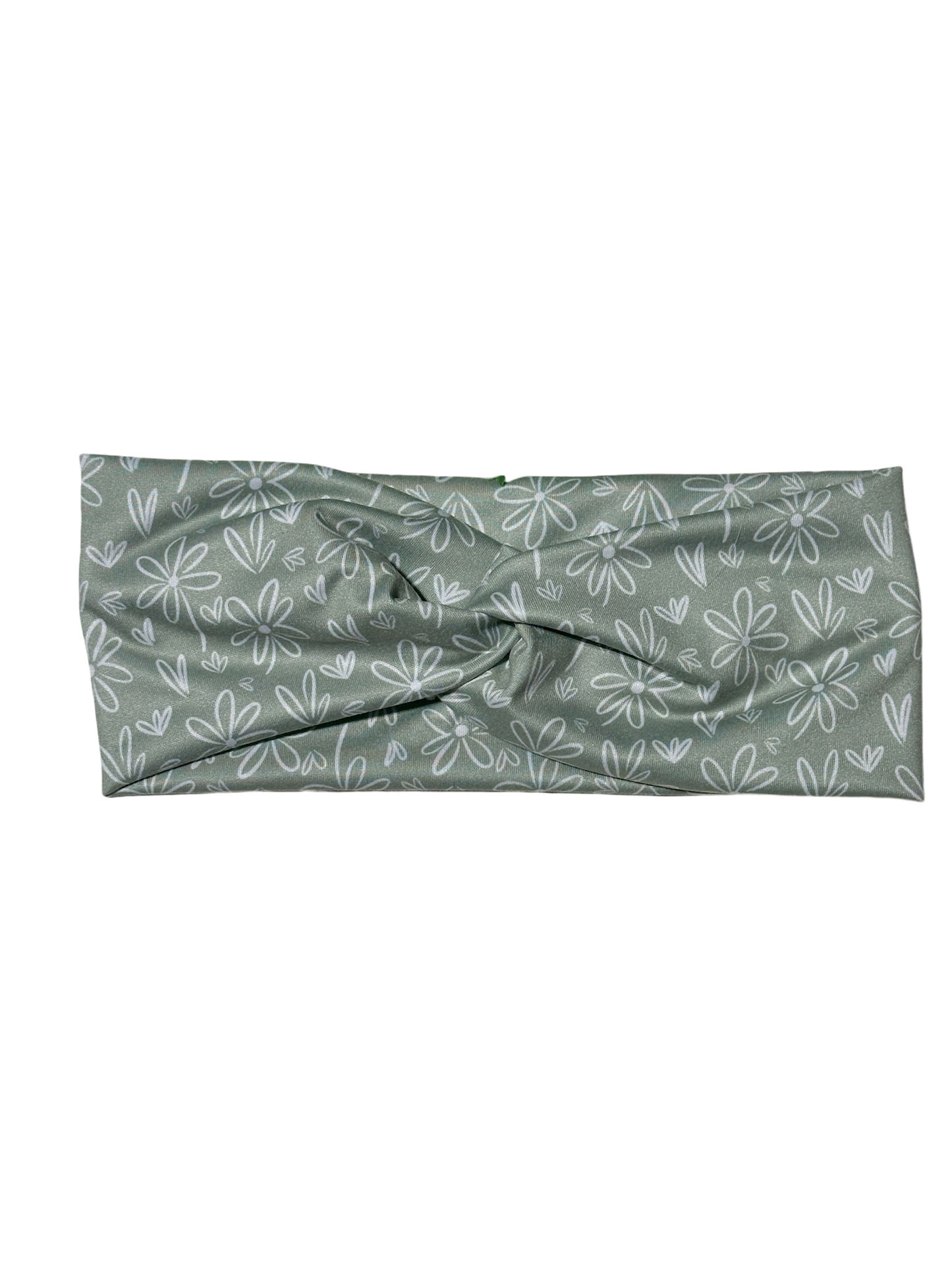 White Doodle Flowers on Sage Twist Headband