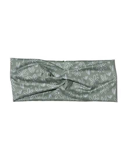 White Doodle Flowers on Sage Twist Headband