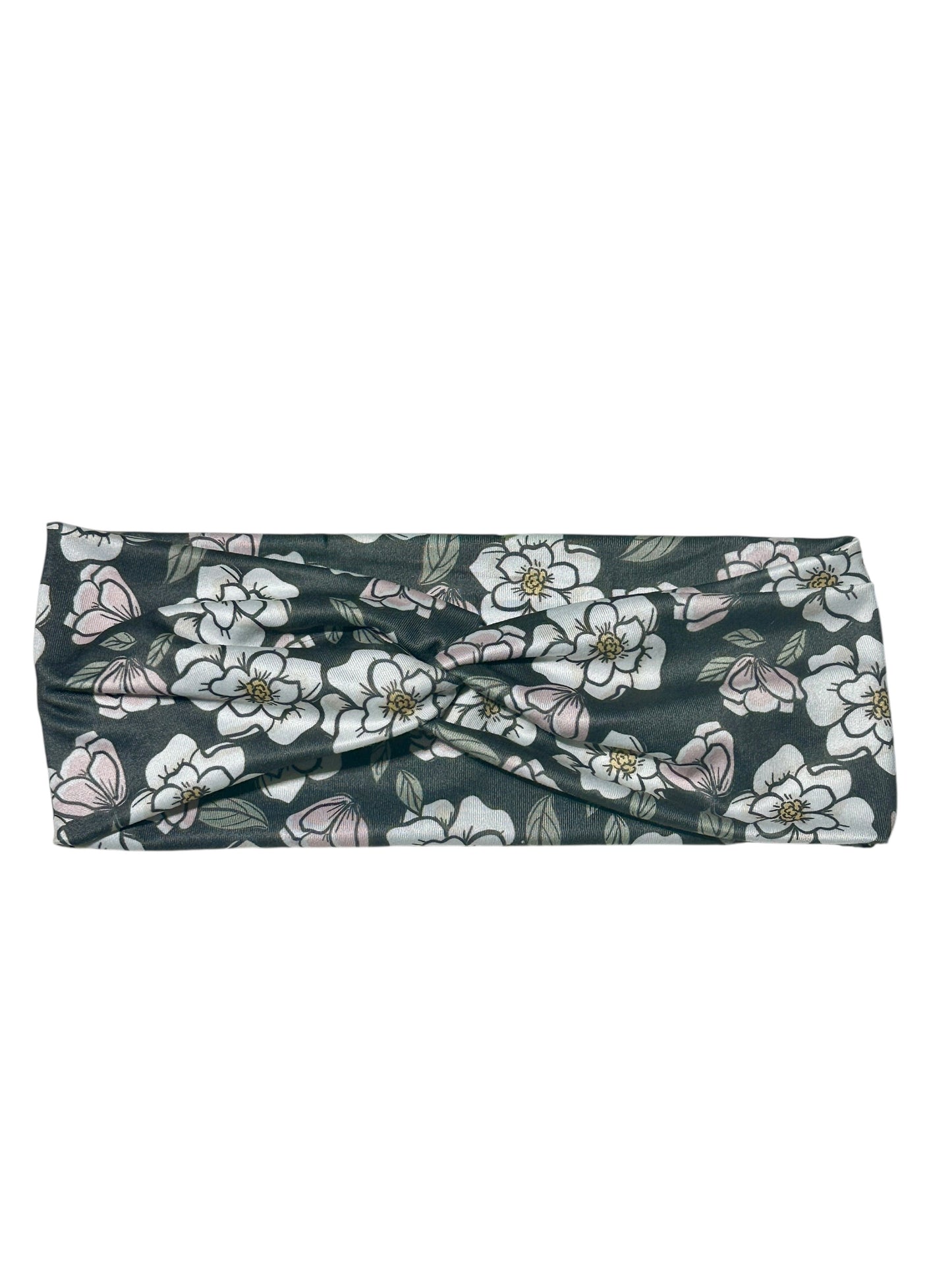 White/Pink Flowers on Dark Background Twist Headband