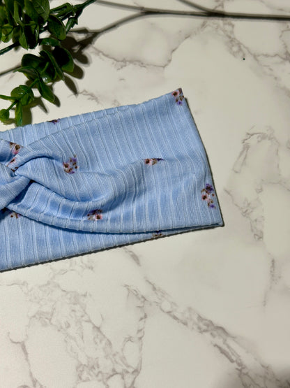 Delicate Flowers on Light Blue Ribbed Twist Headband