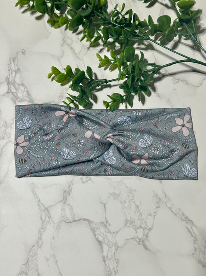 Bees and Flowers on Sage Twist Headband
