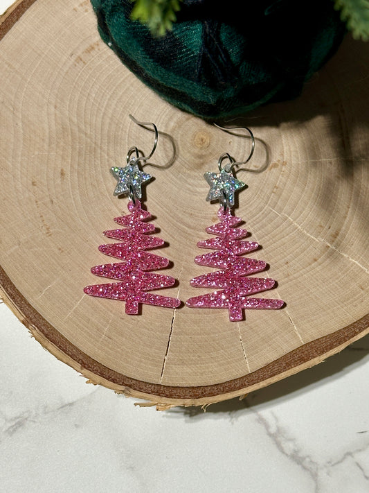 Squiggly 1.25” Tree and Star Earrings - Pink Glitter