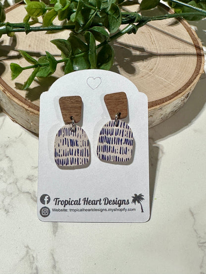 Mini Closed Arch/Connector Earrings - Blue Dashes on White
