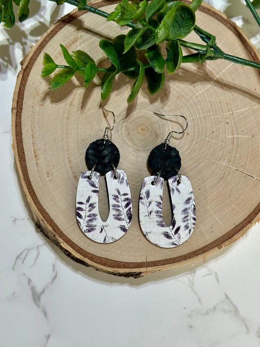 “U” Earrings - Black Leaves on White