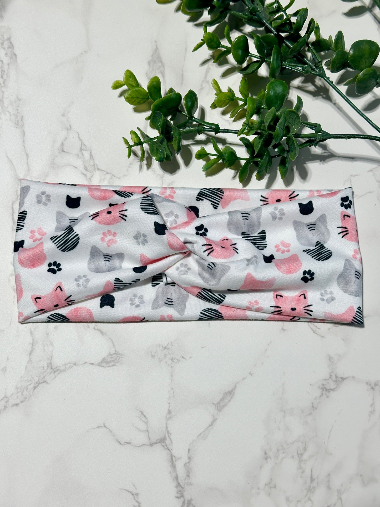 Pink/Grey Cats Twist Headband
