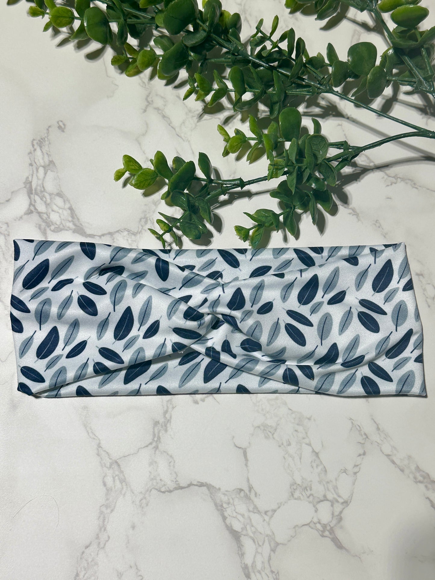 Blue Gray Leaves on White Twist Headband
