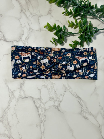 Floral Farm Animals on Navy Twist Headband