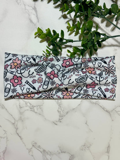 Nurse/Pink Flowers Twist Headband