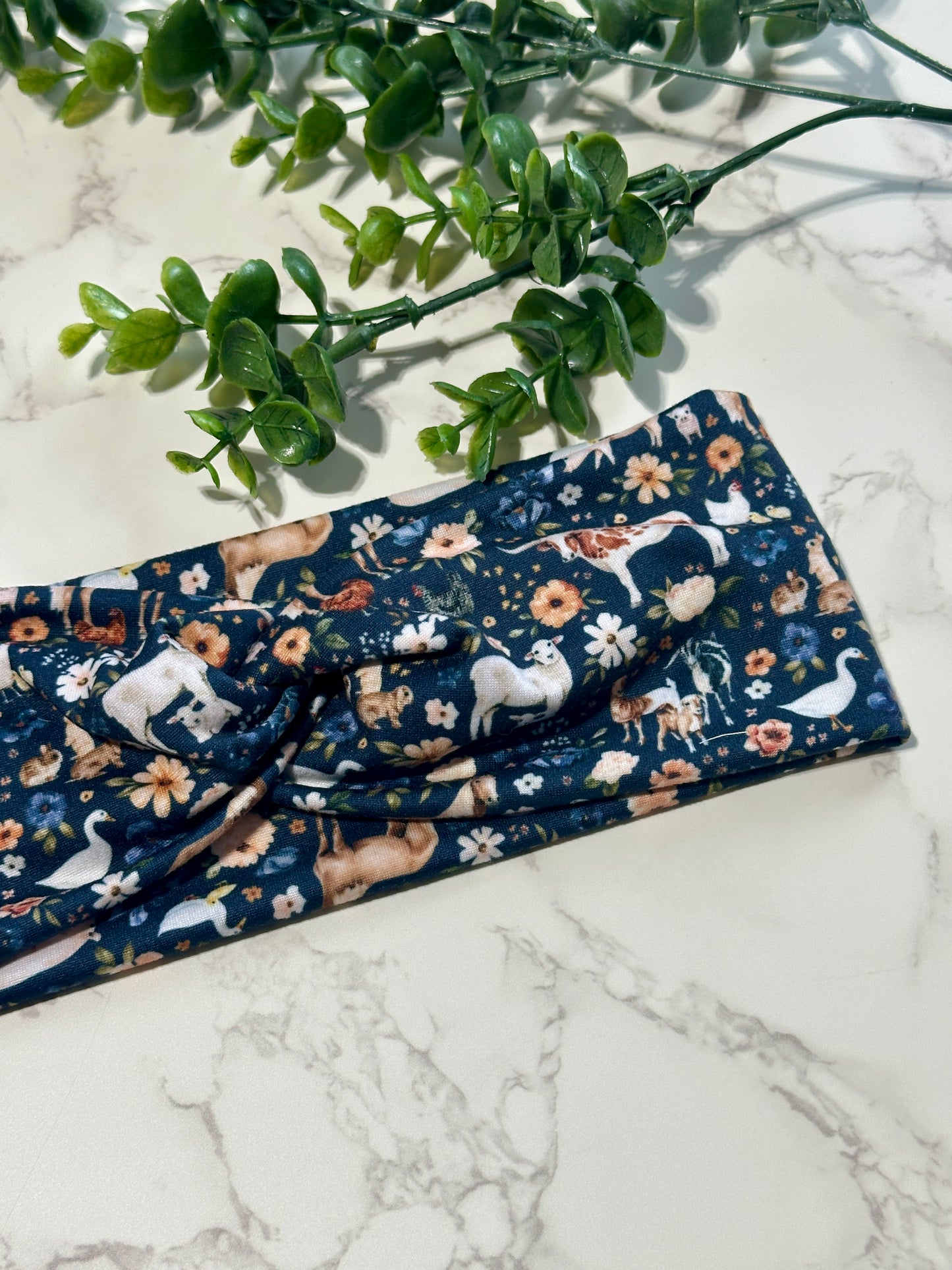 Floral Farm Animals on Navy Twist Headband