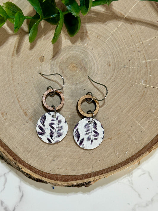 Mini Circle/Connector Earrings - Black Leaves on White