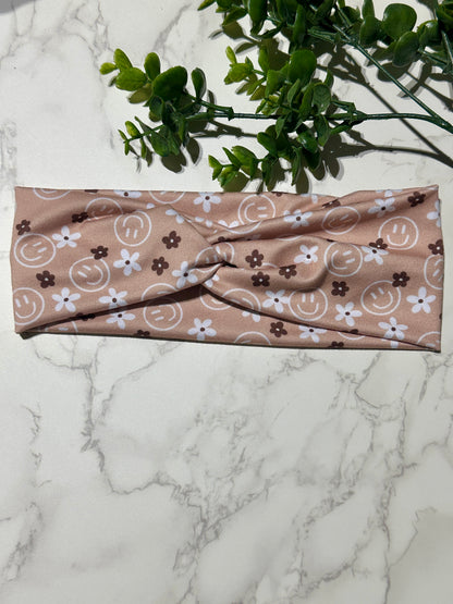 Smiles and Flowers on Taupe Twist Headband