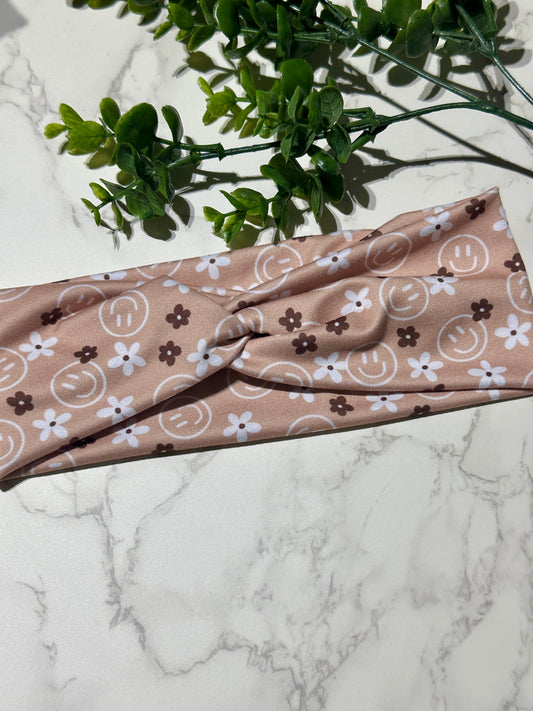 Smiles and Flowers on Taupe Twist Headband