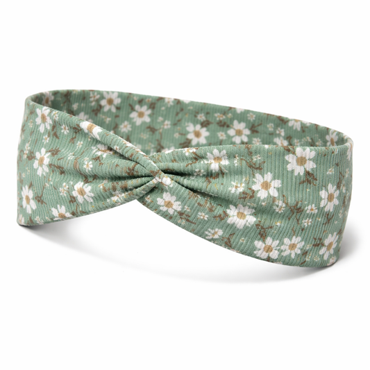 White Flowers on Sage Ribbed Twist Headband