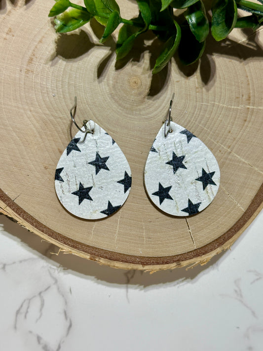 Small Teardrop Earrings - Black Stars on White