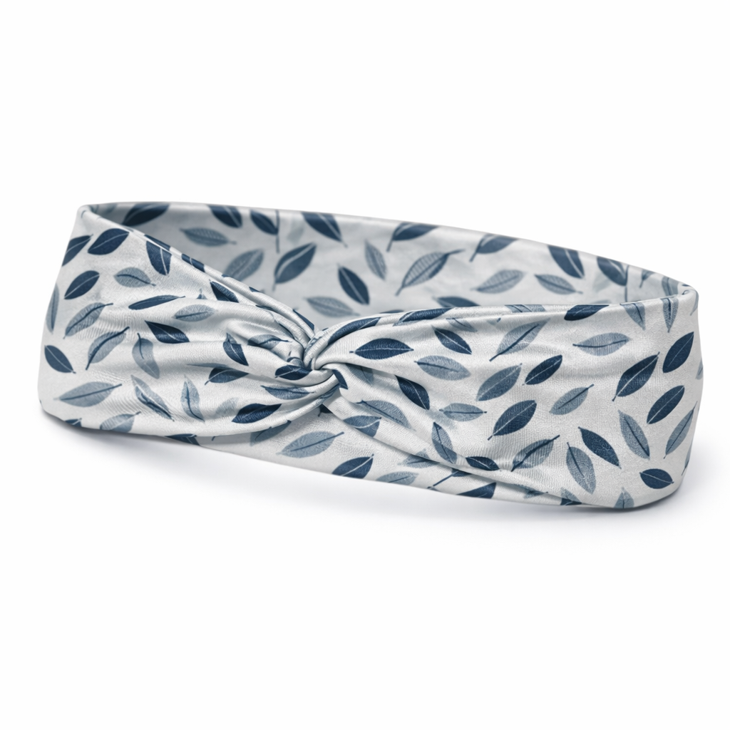 Blue Gray Leaves on White Twist Headband