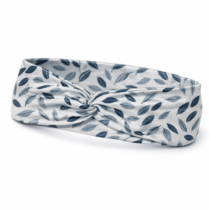 Blue Gray Leaves on White Twist Headband