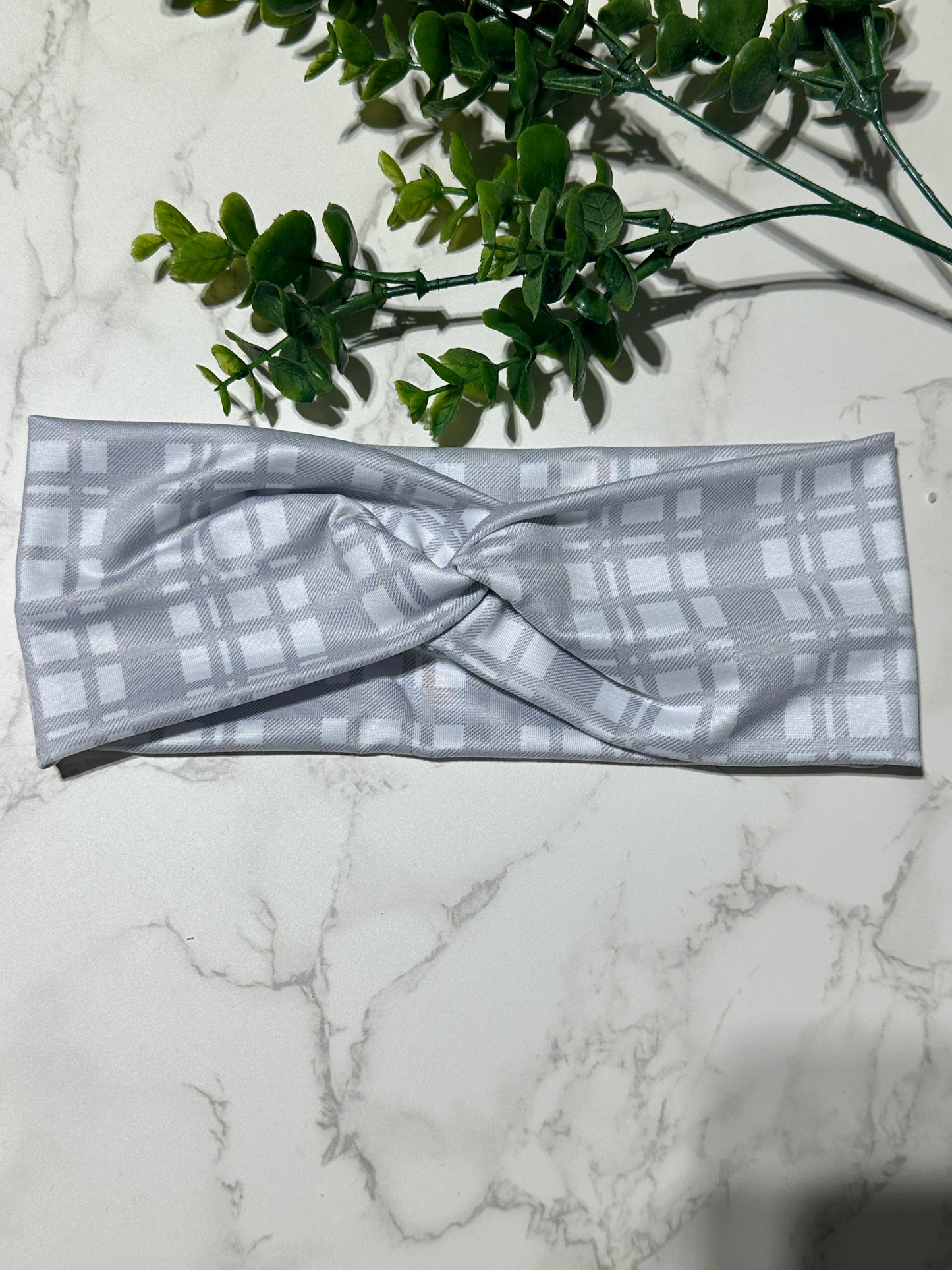 Grey/White Plaid Stripes Twist Headband