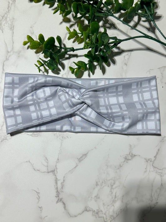 Grey/White Plaid Stripes Twist Headband