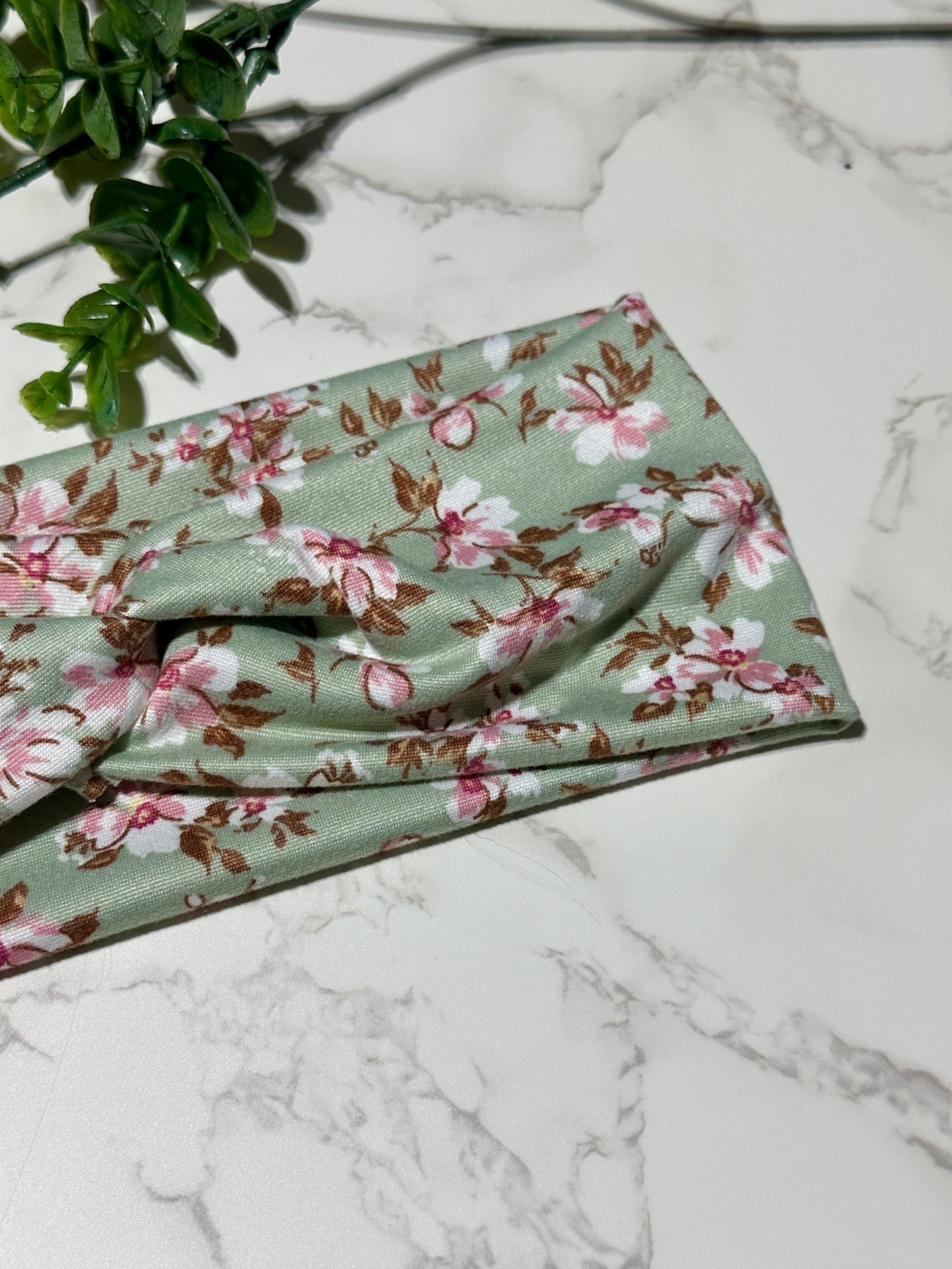 Pink/White Flowers on Green Twist Headband