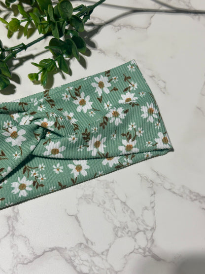 White Flowers on Sage Ribbed Twist Headband