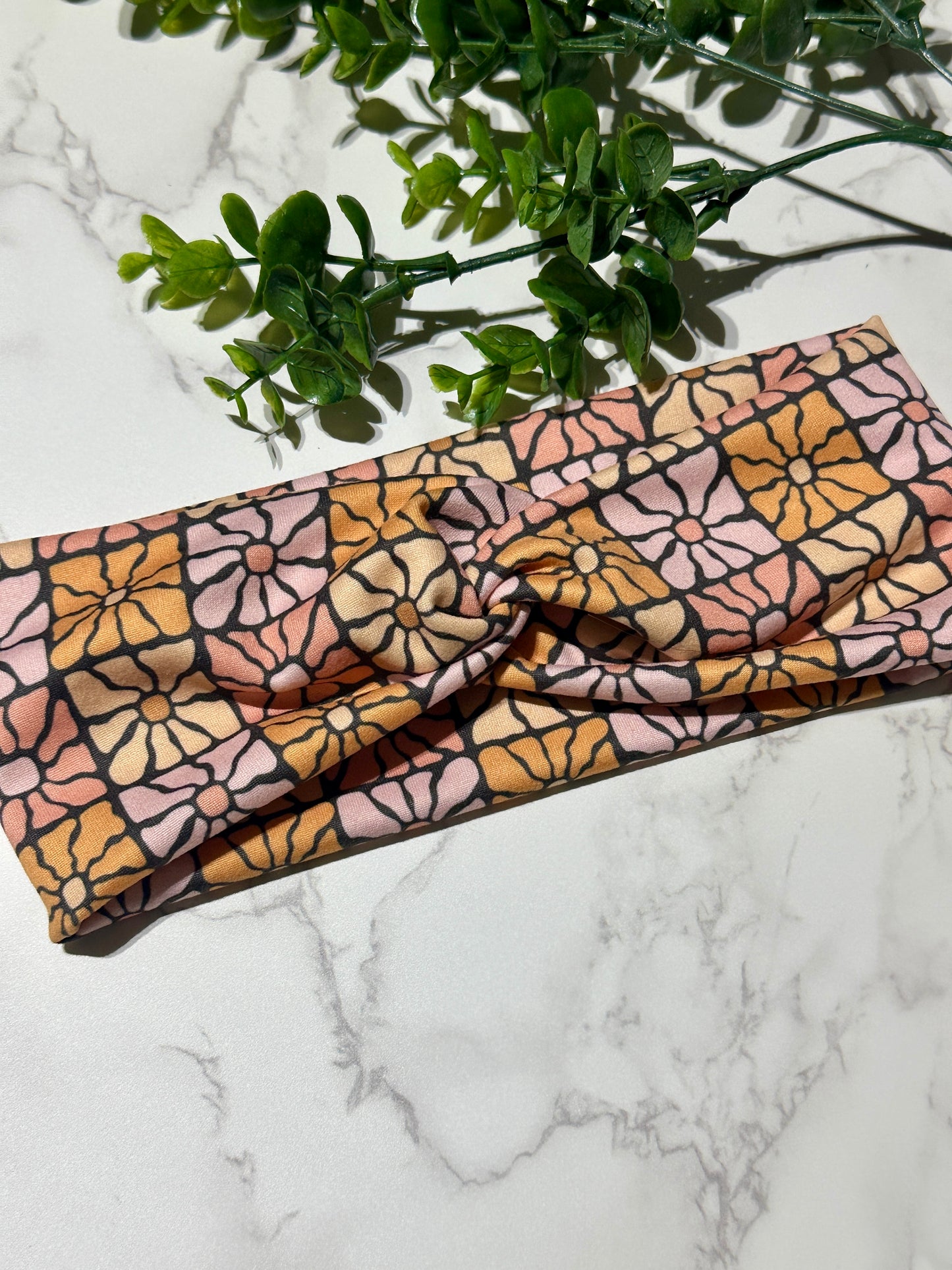 Retro Orange Floral on Taupe Twist Headband