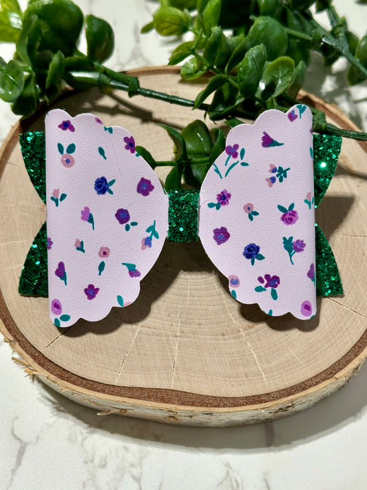 Purple Flowers on Dark Green Glitter Hairbow