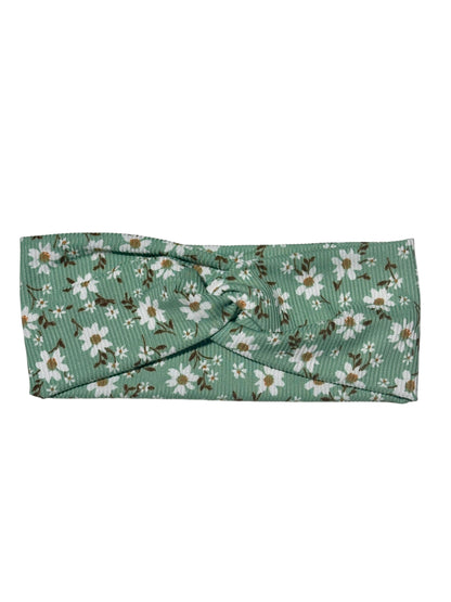 White Flowers on Sage Ribbed Twist Headband