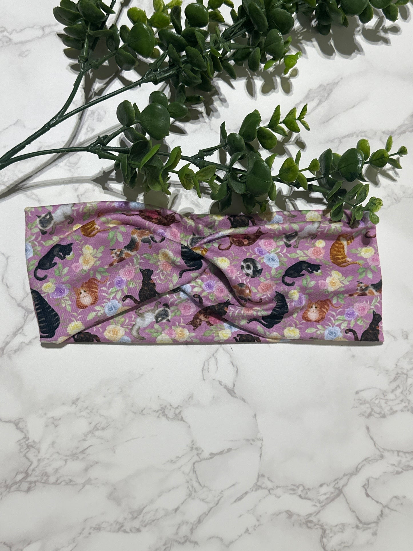 Floral Cats on Pinkish Purple Twist Headband