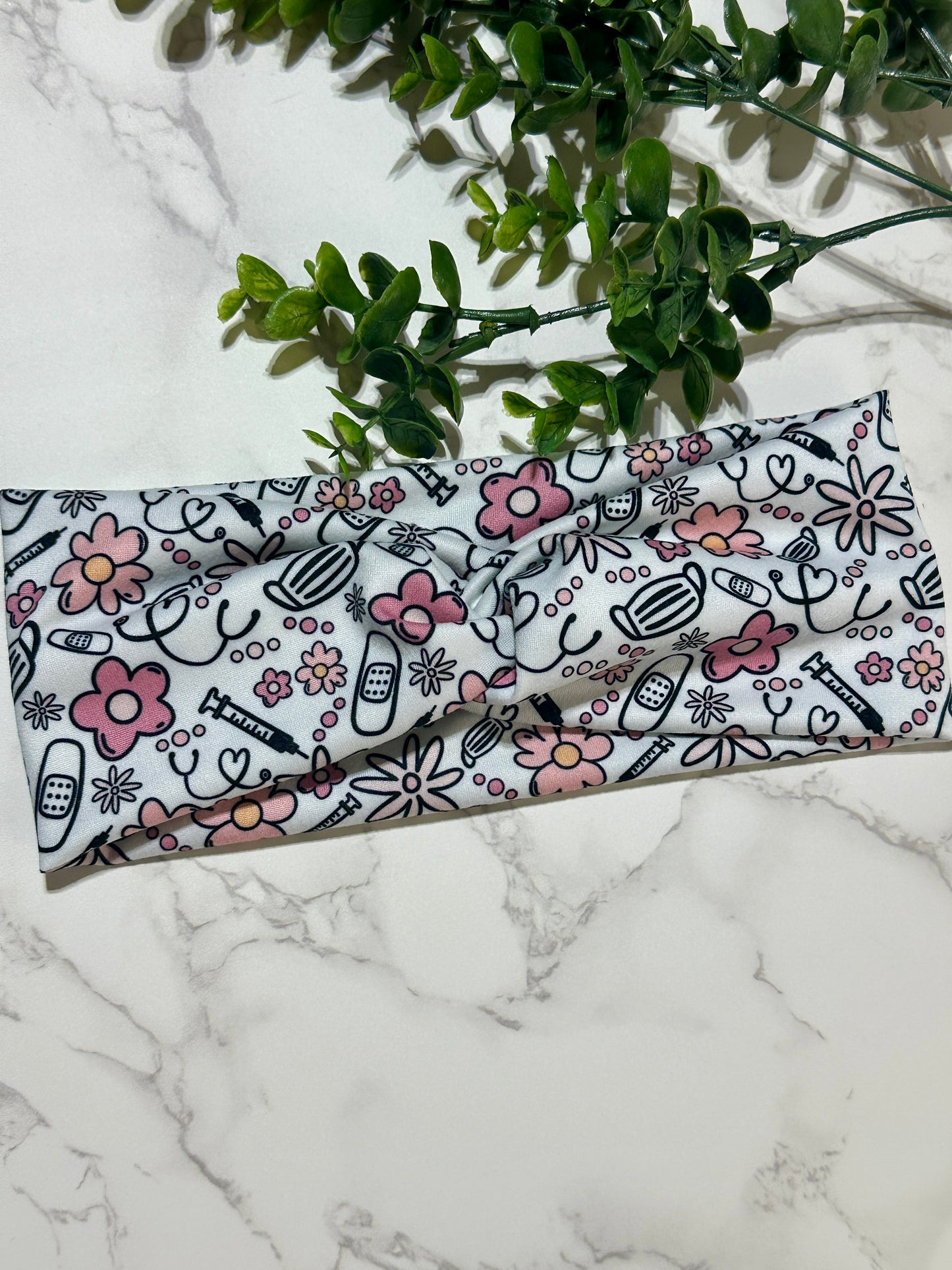 Nurse/Pink Flowers Twist Headband