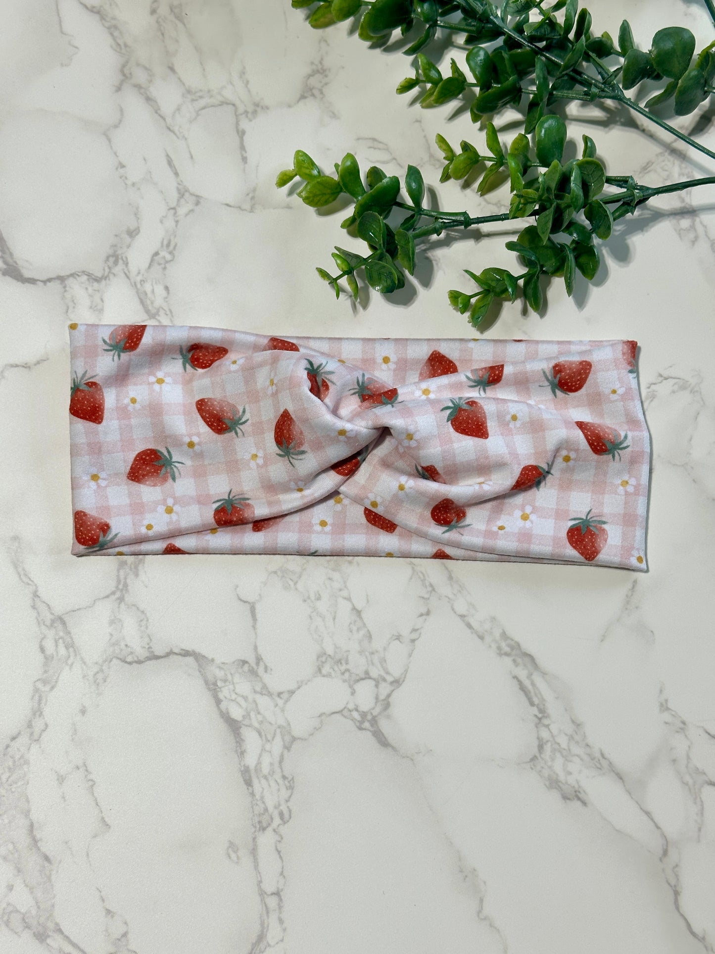 Strawberries on Pink Checkered Twist Headband