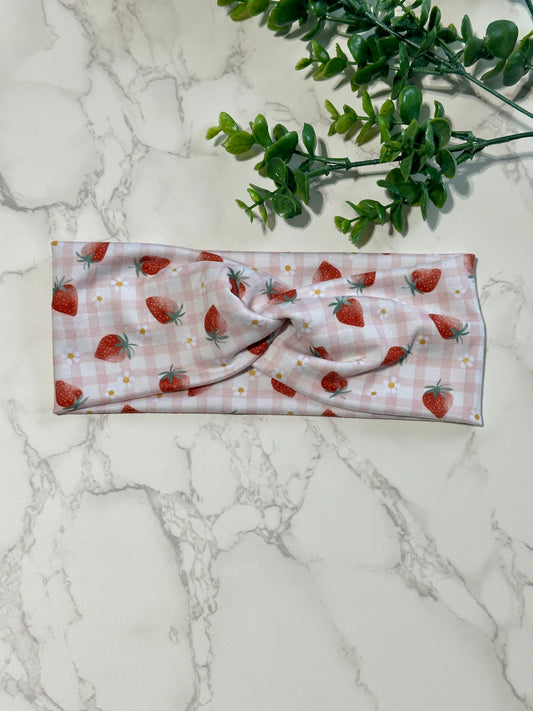 Strawberries on Pink Checkered Twist Headband