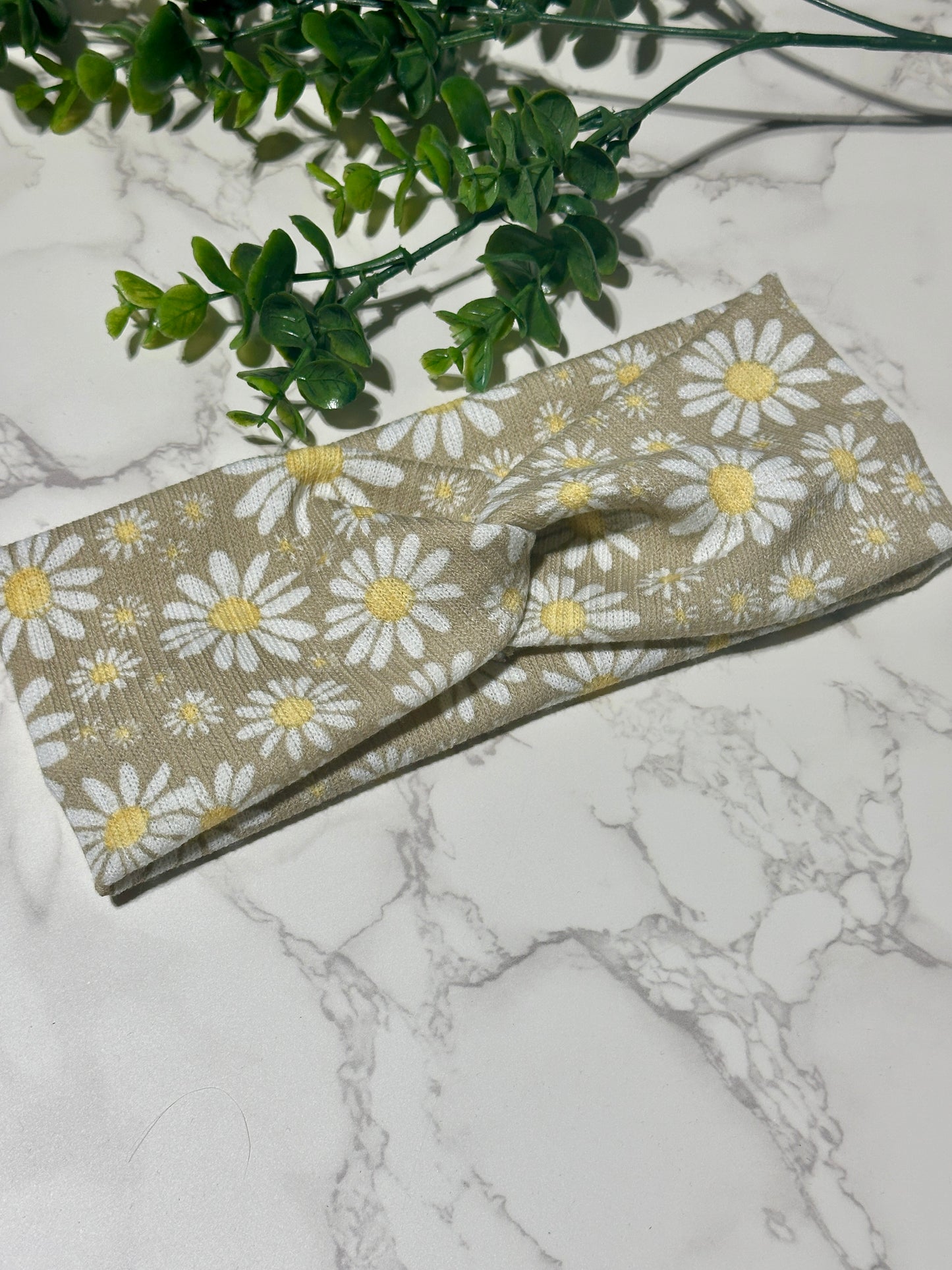 White Daisy on Tan Twist Headband