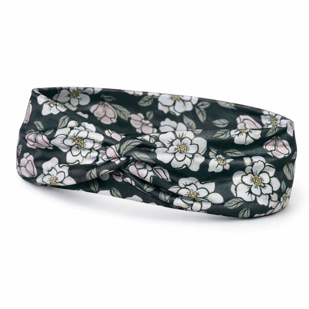White/Pink Flowers on Dark Background Twist Headband