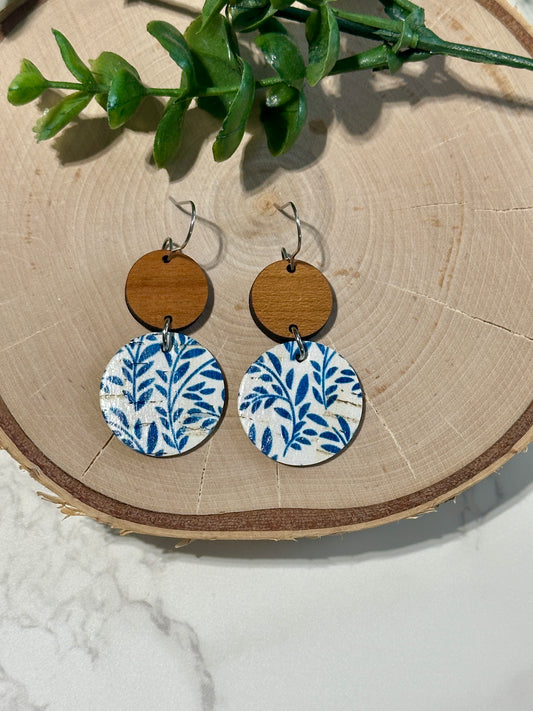Circle/Connector Earrings - Blue Botanical