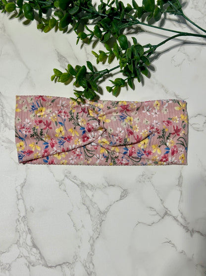 Pink Floral Ribbed Twist Headband