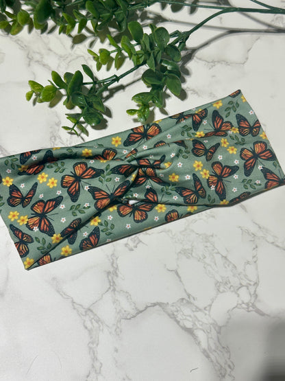 Monarch Butterflies on Green Twist Headband
