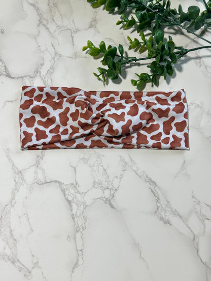 Brown Cow Print Twist Headband