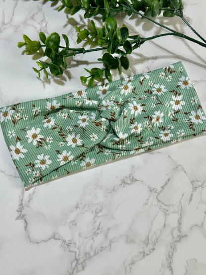 White Flowers on Sage Ribbed Twist Headband